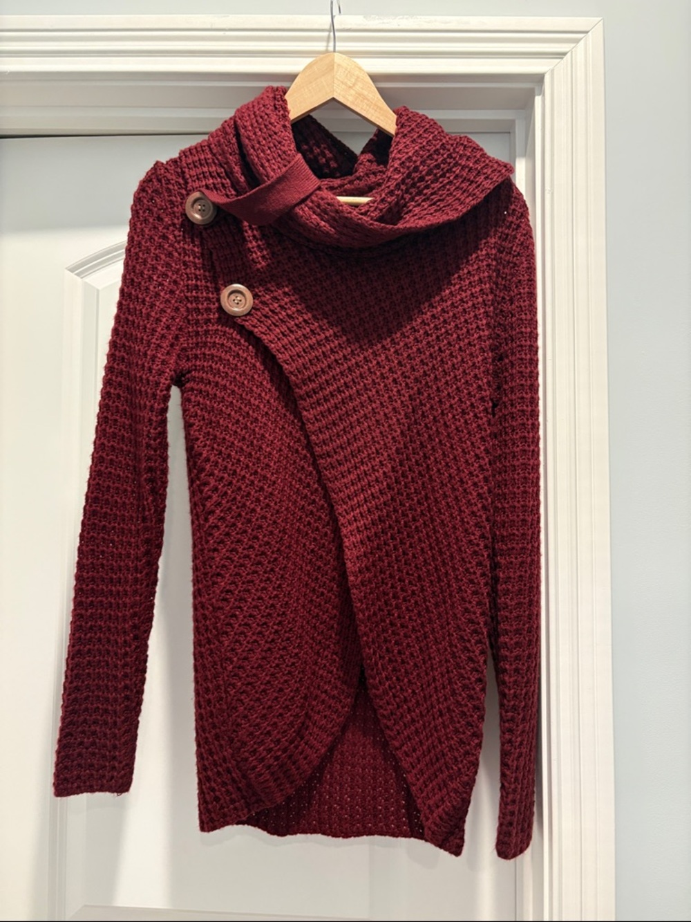 Burgundy Waffle Neck Button Sweater